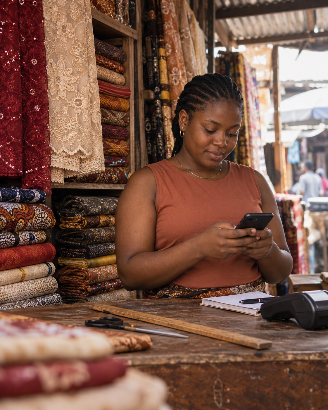 Amaka, a fabric trader, checking a payment on her phone at her market stall